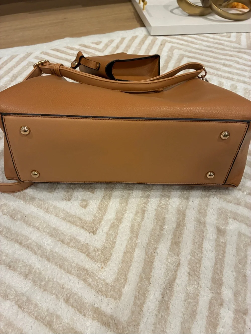 Structured Tan Satchel with Detachable Pouch and Gold-Tone Accents